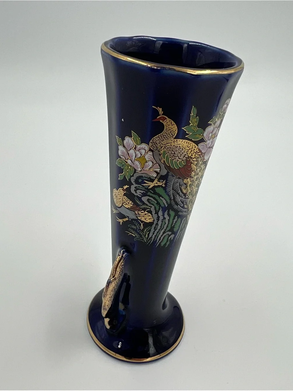 Vintage Cobalt Blue Peacock & Floral Gold Accents Bud Vase Japan 4.75” Tall